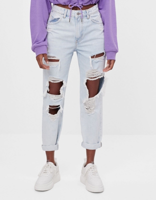 Bershka Jeans Mom Rotos Mujer 46 Azul Claro