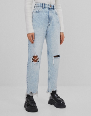 Bershka Jeans Mom Rotos Mujer 42 Azul Lavado