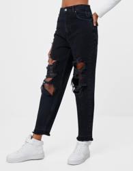 Bershka Jeans Mom Rotos Mujer 32 Negro precio