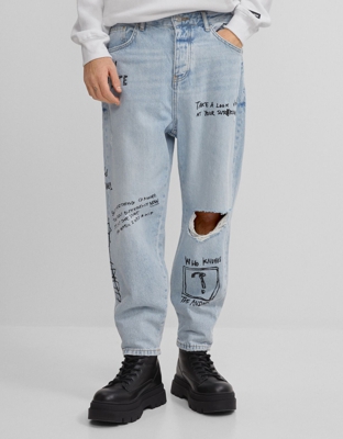 Bershka Jeans Loose Grafiti Hombre 44 Azul Lavado