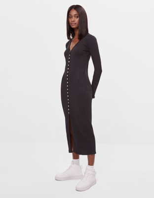 Bershka Vestido Midi Botones Mujer Xs Negro