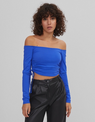 Bershka Camiseta Fruncido Mujer Xs Azul