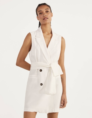 Bershka Chaleco Tipo Blazer Con Cinturón Mujer S Blanco Roto