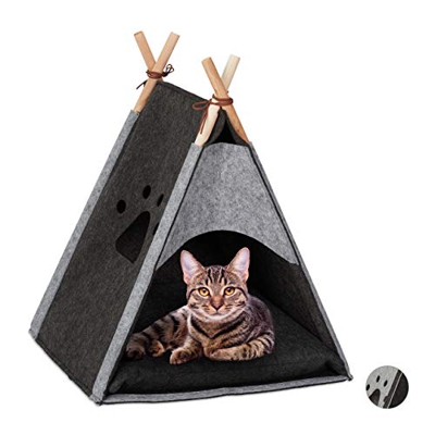 Relaxdays Tipi para Gatos, Cama Cueva Iglú, Casa Perro Pequeño, Cojín, Fieltro-Madera, 1 Ud, 57x46x45 cm, Gris Oscuro