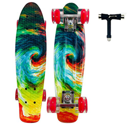 Sumeber Complete Mini Cruiser Skateboard 22 Pulgadas con Ruedas Light Up para Adultos Niños Principiantes Niñas Niños Regalo de cumpleaños (Color Swir características