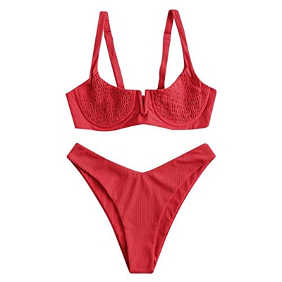 ZAFUL Bikini para mujer con aros acanalados en V, muesca ahumada, bikini de corte alto push-up. rojo S