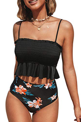 CUPSHE Conjunto de Bikini Bandeau Fruncido Cintura Alta Traje de Baño de Dos Pieza, Negro, XL en oferta