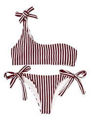 heekpek Bikini a Rayas con un Hombro Pajarita Cintura Alta Tanga Lado Anudado Bañador Atractivo de Dos Piezas en oferta