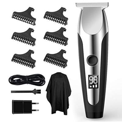 Maquina Cortar Pelo, SUERW Cortapelos Profesional Hombre con 6 Peines de Ajustes, Bata de Peluquería, Pantalla LED, Cuchillas de Cerámica-Titanio, Car