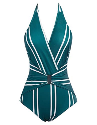 Bañador a Rayas de Mujer Bikini Ropa de Baño de Una Pieza Teal Cuello en V 2XL CL010979-2