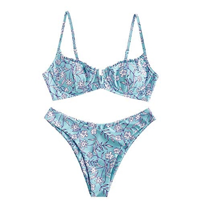 ZAFUL Bikini de dos piezas, diseño de flores, bikini de corte alto, con aros y pantalones en V para mujer. azul claro M