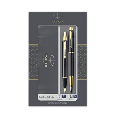 Parker IM set de regalo doble con bolígrafo y pluma estilográfica, acabado negro con adorno dorado, cartucho y recambio de tinta azul, estuche de rega