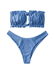 Zaful - Conjunto de bikini para mujer, banda sin hombros, con cordón y traje de baño de color liso con rulos Blu Seta. S características