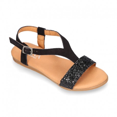 Sandalia Niña Mayor En Piel Serraje Negro Con Glitter. 25 Negro