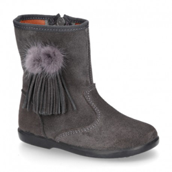 Bota Niña Con Flecos Y Pompones De Pelo En Piel Serraje. 21 Gris precio