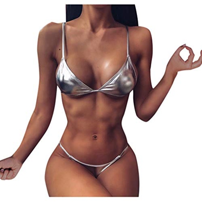 Dragon868 Trajes de baño Bikinis Mujer, Plata, Bikini de Color Sólido de Tres Puntos, Push Up Conjuntos de Bikinis Bikini Brasileño Tanga Bikini de Pl