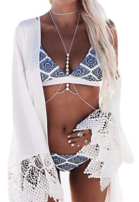 Ocean Plus Mujer Boho Triangle Bikini con Correa de Traje de Baño Bandeau Push Up Conjunto (XL/38, A-Flores)