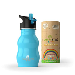 Greens Steel Botella de Agua de niño - 350ml Botella a Prueba de Fugas Tapa con Pitillo - Bebe niños cantimplora de Acero para niños (Azul) características
