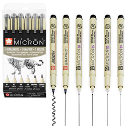 Sakura Pigma Micron - Rotuladores de punta fina de pigmento – 01/03/05/08/gráfico/pincel – cartera de 6 – tinta negra. en oferta