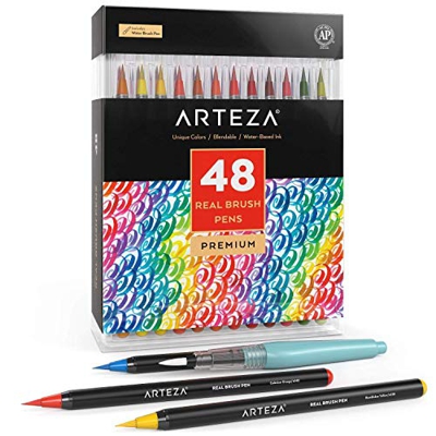 Arteza Caja de 48 rotuladores con punta de pincel | Rotuladores acuarelables profesionales para dibujar y colorear | 100% no tóxicos | Múltiples color