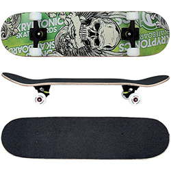 FunTomia® Skateboard monopatín rodamientos Mach1® y Rodillos de dureza 100A - Hecho con 7 Capas de Madera 100% Arce Canadiense (Verde/cráneo) características