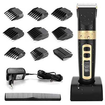 Cortapelos Profesional Hombres Silencioso,GEEKBES Máquina Cortar Pelo Impermeable Kit Cuchilla de Titanio y Cerámica Pantalla LED Velocidad constante-