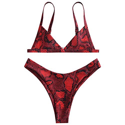 Bikini Zaful con estampado de piel de serpiente. Tiras en los laterales, gran escote en V y talle alto Rojo rosso S