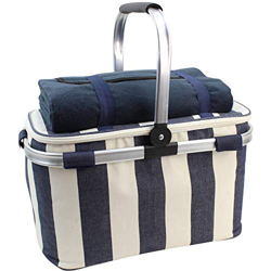HappyPicnic - Bolsa térmica con mango de aluminio plegable, 25 L, cesta de picnic con manta impermeable para viajes al aire libre (rayas azules marina características