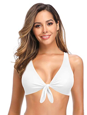SHEKINI Bikini de 3 Piezas para Mujer Traje de Baño con Cordones Top de Bikini con Cuello En V Profundo Pantalones de Cintura Baja o Alta (Blanco-Part