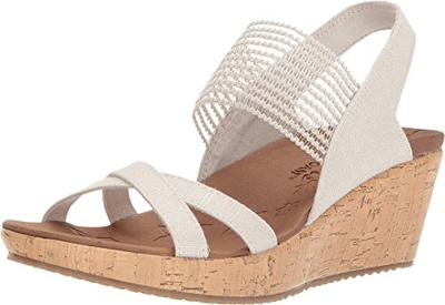 Skechers Beverlee-High Tea, Sandalias de Punta Descubierta Mujer, Beige (Nat Black Sparkle Linen/Gore Trim), 36 EU