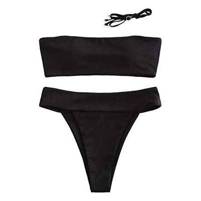 ZAFUL Conjunto de bikini tipo bandeau para mujer, de un solo color, con tirantes de espalda sexy, de nailon de corte alto, traje de baño para verano N