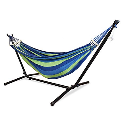 Hamaca con soporte y difusor de madera para un tendido perfecto, brasileño, algodón, 320 cm, carga 200 kg, doble denim, soporte y tejido hipoalergénic