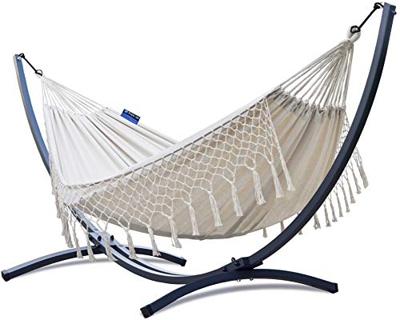 Potenza Hamaca con Soporte De Jardin Exterior para 2 Personas Doble Multicolor Hamaca De Tela XXL 220x160 200kg Marco De Acero Soporte Hamaca hasta 22