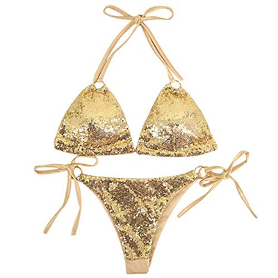 Taigood Mujeres Sexy Halter Bikini Establece Dos Piezas triángulo Vendaje de Lentejuelas Push Up Bikini Traje de baño de Oro-M