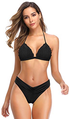 SHEKINI Mujer Bañador de Dos Piezas Elegante Halter Ajustable Pliegues Clásico Triángulo Shirring Bikini Top Traje de Baño Dos Piezas Cintura Baja Bik