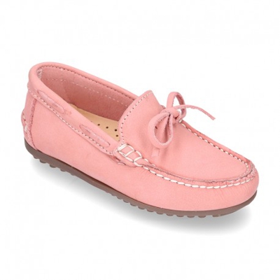 Mocasín Con Lazos En Piel Nobuck Para Mayores Piso Conductor. 35 Rosa