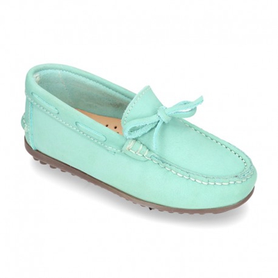 Mocasín Con Lazos En Piel Nobuck Para Mayores Piso Conductor. 37 Verde Agua