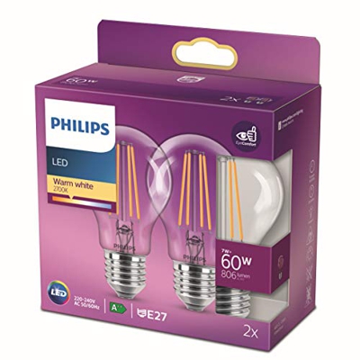 Philips Lighting - Bombilla LED equivalente a 60 W E27, color blanco cálido, no regulable, cristal, 2 unidades