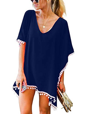 heekpek Vestido de Playa Mujer Ropa de Baño Suelto Camisolas y Pareos Bikini Cover up Verano Pompón Gasa Manto Protector Solar