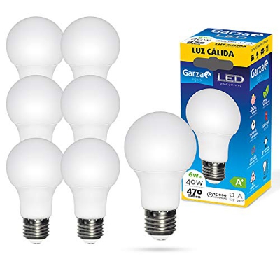 Garza - Pack de 8 Bombillas LED de bajo consumo estandar A60 E27 de 470LM y 6W de potencia equivalente a 40W y temperatura amarillo cálido 3.000K A+ 1