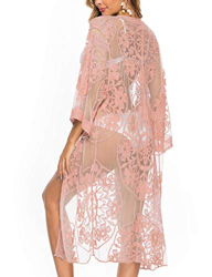 iWoo - Cárdigan kimono sexi para mujer, largo, para proteger del sol en la playa, de encaje floral estilo crochet para cubrirse en la playa. Rosa B-ro en oferta