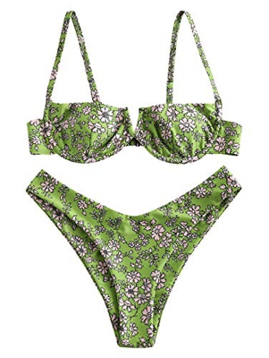 ZAFUL Bikini de dos piezas, diseño de flores, bikini de corte alto, con aros y pantalones en V para mujer. verde L