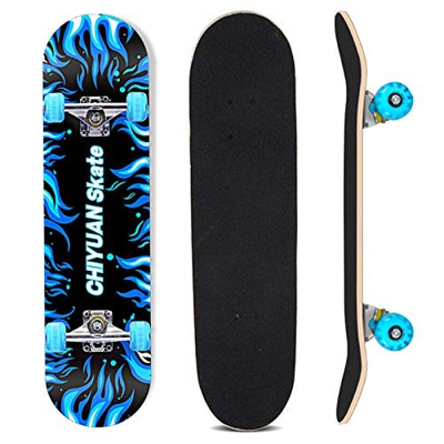 Sumeber Skateboard patineta Completa de Doble Patada con patinetas Intermitentes de 31 Pulgadas para Principiantes, niños, jóvenes y Adultos (Llama Az