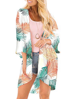 SHEKINI Mujer Blusa Damas Chal Ropa de Playa Ropa de Playa Bohemia Impresa Suelta (XL, Hojas)