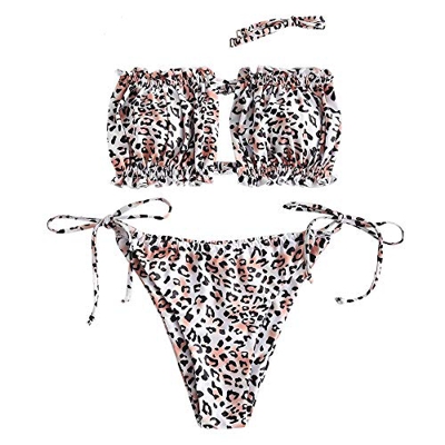 ZAFUL - Conjunto de bikini para mujer, banda sin tirantes con cordón y traje de baño de color liso con rouches A-2-leopard L