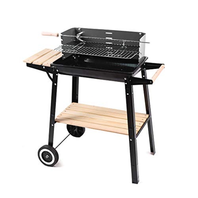 Kono Parrilla de barbacoa con estantes de madera Escudo de viento 2 ruedas portátil carbón barbacoa de mesa de acero inoxidable ahumador barbacoa para