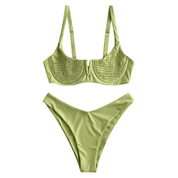 ZAFUL Bikini para mujer con aros acanalados en V, muesca ahumada, bikini de corte alto push-up. verde M precio