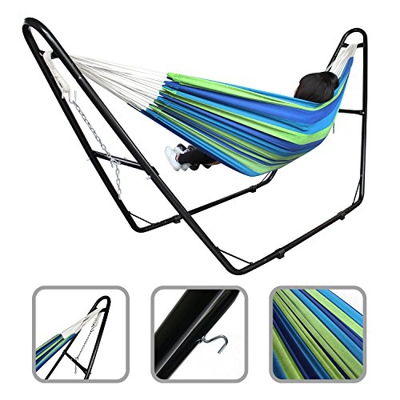 Todeco - Hamaca, Cama Colgante - Capacidad: para 2 Personas - Alto: Ajustable - Verde/Azul, con Soporte Tipo-H, Algodón, Brasileño