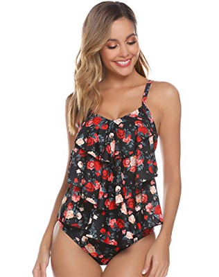 Akalnny Tankinis Traje de Baño de Dos Piezas para Mujer Sexy Drapeado Tank Top + Bikini Briefs(Negro + Flores,M)