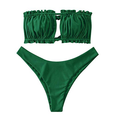 ZAFUL Bikini para mujer sin tirantes, escote con volantes, estilo bandeau. Grün3 S